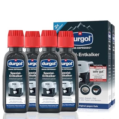 durgol swiss espresso Spezial-Entkalker – Kalkentferner für Kaffeemaschinen aller Typen und Arten – Einfache Reinigung ohne Einwirkzeit & Rückstände – Deutsche Version – 4x125ml