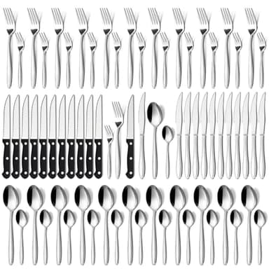Hunnycook Besteck Set 12 Personen mit Steakmesser, Premium Edelstahl Besteck Set 72 Stück, Elegantes Besteckset mit Messer Gabel Löffel für Haus/Restaurant/Party, Spülmaschinenfest
