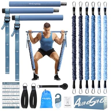 ALongSong Fitnessbänder Set mit 6 Widerstandsbänder 20-180Lbs oder 20-240Lbs & Pilates-Stange, Griffe, Türanker für Fitness Widerstandsbänder Krafttraining Fitnessgeräte für Zuhause