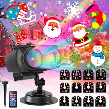 Projektor Weihnachten Außen, 2-in-1 Hologramm Projektor mit 12 Folien 8 Mustern 10 Farben Welleneffekt, Wasserdicht Projektionslampe mit Timer für Weihnachten Fensterdekor