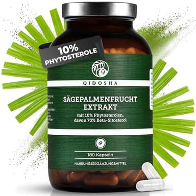 QIDOSHA® Sägepalme Extrakt Kapseln hochdosiert, 10% Phytosterole, davon 70% Beta-Sitosterol, 250mg (NEU) Sägepalmenextrakt je Kapsel, 180 Stk/Glas, vegan, deutsche Fertigung, jede Charge laborgeprüft
