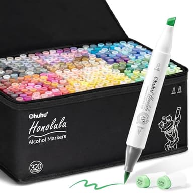 Ohuhu Alkohol Marker mit Pinselspitze: 320 Farben Doppelspitziges Künstlermarker-Set für Erwachsene zum Illustrieren und Kolorieren - Honolulu – Pinsel & Breitspitze – Nachfüllbar