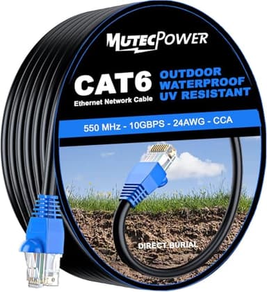 MutecPower CAT6 50m Außen Verwendung wasserdicht - CCA - Direct Burial Ethernet Netzwerkkabel - 250 Mhz - 50 meter
