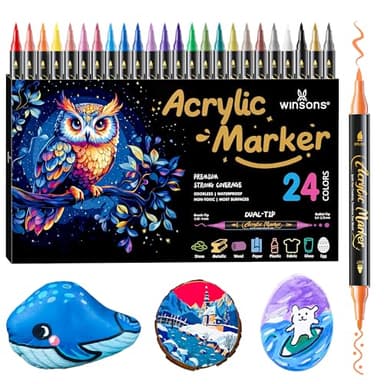 WINSONS Acrylmarker Dual-Tip 24 Farben, Pinselspitze Rundspitze, ungiftig, nicht auslaufend, wasserfest, lebendige Farben, permanent für Papier, Eier, Verschlüsse, Stoffe, Steine, Keramik, Glas