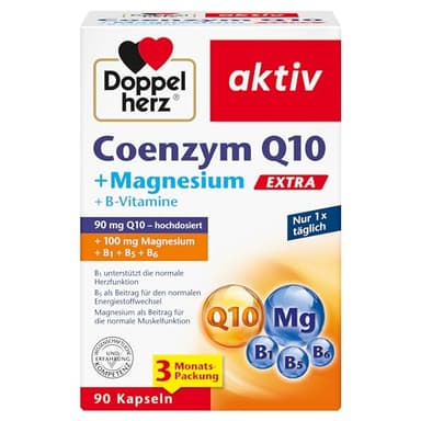 Doppelherz Coenzym Q10 + Magnesium EXTRA + B-Vitamine - 90 mg hochdosiert Coenzym Q10 Ubiquinon pro Tagesportion in einer Kapsel - 90 Kapseln
