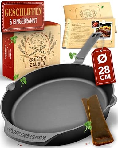 KRUSTENZAUBER Gusseisenpfanne Induktion 28cm inkl. Anleitung und Rezeptbuch - Geschliffene Pfanne Gusseisen, Eisenpfanne, Cast Iron Pan, Gusspfanne, Gusseiserne Pfanne, Gusseisen-Pfanne, Gusspfanne