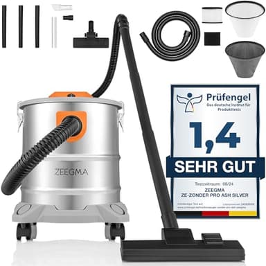 Zeegma ZONDER PRO ASH Trockensauger für Asche und Schutt, Industriestaubsauger 1600W, Edelstahlbehälter 20 L, HEPA-Filter, Ausblasfunktion Kabel 5 m