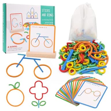 Montessori Spielzeug ab 3 Jahre, Vorschule Lernspiele, 120 Holz Sticks und Ringe 20 Karten, Form Farberkennung Montessori Steckpuzzle, Geschenk zur Einschulung für Jungen und Mädchen