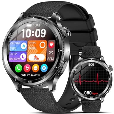 2026 Neu Smartwatch Herren mit EKG/ΒΙυτzυcker/Harnsäure/BMI1,43"AMOLED Rund Gesundheitsuhr mit 24h Pulsuhr Blutdruck SPO2,Schlaf/Apnoe-Monitor Bluetooth-Anrufe SOS-Notruf Fitnessuhr für iOS Android