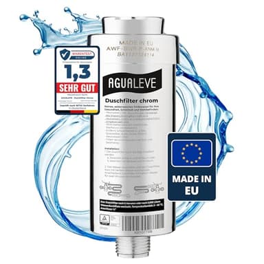 AGUALEVE® Duschfilter – Wasserfilter Dusche – in chrom – gegen Kalk, Schwermetalle, Chlor, Schmutz, wirkt bakteriostatisch – schönere Haut & Haare – Markenqualität Made in EU