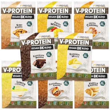 Veganes Protein-Pulver Proben-Paket, 8x30g Mix-Pack - alle Geschmacksvarianten in einer Mix-Box – unglaublich lecker - pflanzliches Protein mit 73-81% Eiweiß | V-PROTEIN 8K Probe