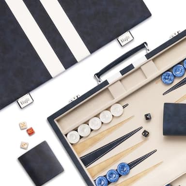Lingle 38cm Backgammon-Sets für Erwachsene, klassisches Brettspiel mit faltbarem Leder-Backgammon-Etui, Kunstleder-Außenseite und Samt-Innenseite, tragbares Reisespiel-Set (Blue)