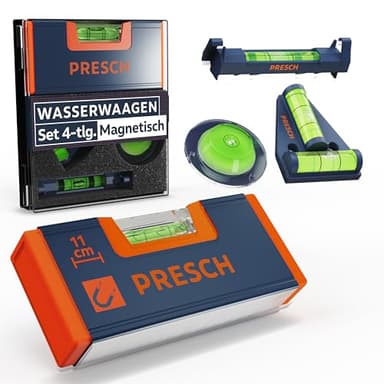 Presch Mini Wasserwaagen Set 4tlg. - Mini Wasserwaage, Kreuzwasserwaage, Dosenlibelle und Schnurwasserwaage - Allround-Set - Verstärkter Magnet für maximale Haftung - Bruchfeste Acrylglaslibellen