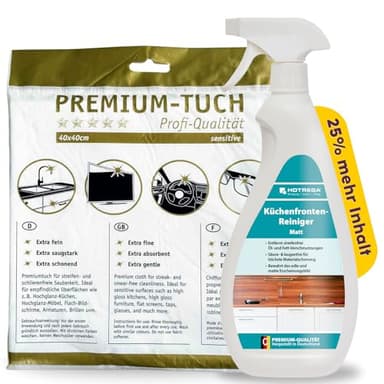 HOTREGA Küchenfronten Reiniger Matt 750 ml | Für matte Küchenfronten | Entfernt Fingerabdrücke & Alltagsschmutz | inkl. Premium Microfasertuch