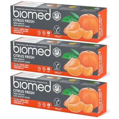 BIOMED – Zitrusfrische Zahnpasta 3 x 100 g, für frischen Atem und gesundes Zahnfleisch, frei von Fluorid, SLS, PEG, Saccharin, entfernt Plaque, schützt vor Karies, Zitrusgeschmack