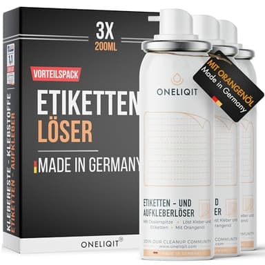 ONELIQIT® Etikettenentferner, Etikettenlöser, Klebereste Entferner mit Orangenöl 3x 200ml für das einfache Entfernen von Etiketten, Aufklebern, Vignetten & Klebstoffen