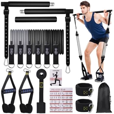 Pilates Bar Set mit 6 Widerstandsbänder, Verstellbare Resistance Bands für Frauen und Mann Fitnessbänder für Home Gym Yoga Pilates Stretch Krafttraining Fitness