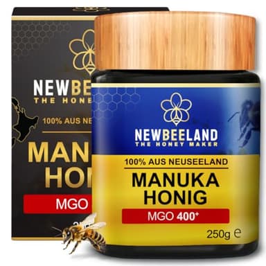 NEWBEELAND Manuka Honig MGO 400+ – 250 g – 100% purer Premium Manuka Honey aus Neuseeland, chargengeprüft mit zertifiziertem Methylglyoxal-Gehalt, ohne Zusatzstoffe, im lichtgeschützten Glas