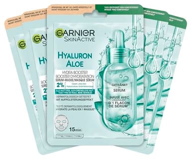 Garnier Serum-Tuchmaskenset Aloe Vera für alle Hauttypen, Erfrischend und feuchtigkeitsspendend, Mit Hyaluronsäure, Aloe Vera und Glycerin, SkinActive, Aloe Hydra Booster Serum-Tuchmaske, 5x 28g