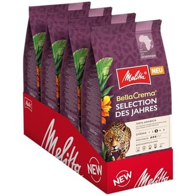 Melitta BellaCrema Selection des Jahres Ganze Kaffee-Bohnen 4 x 1kg, ungemahlen, Kaffeebohnen für Kaffee-Vollautomat, mittlere Röstung, geröstet in Deutschland, Stärke 3, im Tray