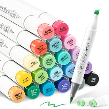 Ohuhu Alcohol Marker mit Pinselspitze: 24 Farben Doppelspitziges Künstlermarker-Set für Erwachsene zum Illustrieren und Kolorieren - Honolulu – Pinsel & Breitspitze – Nachfüllbar