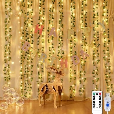 Lichtervorhang Innen 2x2m, Efeugirlande mit 200 LEDs Efeu Künstlich Lichterkette Vorhang Wasserdicht 8 Modi, USB Fake Efeu Lichterketten für Hochzeit Fenster Wand Party Weihnachten Schlafzimmer Deko