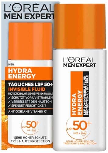 L'Oréal Men Expert UV Sonnenschutz LSF 50 für Männer, Invisible Fluid für das Gesicht gegen Sonnenstrahlen, Herren Sonnencreme SPF 50+ gegen Hautalterung mit Vitamin C, Hydra Energy, 1 x 50 ml