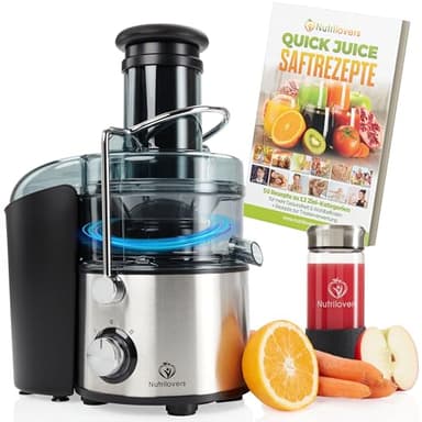 Nutrilovers QUICK-JUICER MAX Entsafter Obst und Gemüse, XXL Einwurf, Edelstahlsieb, Externer Tresterbehälter, 800W, inkl. BPA-frei inkl. Trinkflasche + Rezeptbuch