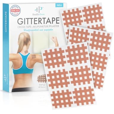 Health Press Gittertape Cross Tape – Größe Typ B 120 Stück – Gitterpflaster zur Akupressur – Akupunkturpflaster mit ausführlicher E-Book Anleitung zum Download – Akupressur Pflaster