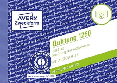 AVERY Zweckform 1250 Quittungsblock (A6 quer, 100 Blatt, fälschungssicher, separat ausgewiesene MwSt., mit 1 Blatt Blaupapier, für Deutschland und Österreich) weiß