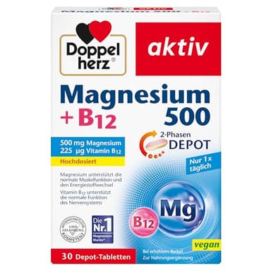 Doppelherz Magnesium 500 + B12 2-Phasen – Hochdosiert mit 500 mg Magnesium pro Depot-Tablette – 30 Tabletten