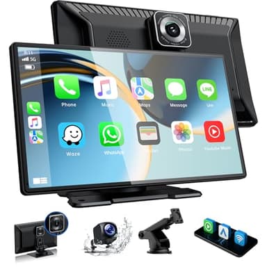 Volam 9 Zoll CarPlay Bildschirm mit AppIe Carplay und Android Auto Tragbares Autoradio Kompatibel mit 1080P HD & 64GB TF-Karte Display mit Front&Rückfahrkamera Siri/G00gle Mirror Link Bluetooth