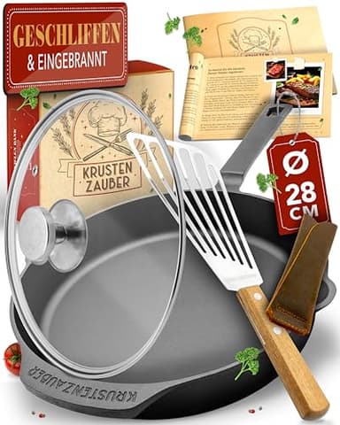 KRUSTENZAUBER Gusseisenpfanne Induktion 28cm inkl. Deckel und Pfannenwender - Geschliffene Pfanne Gusseisen, Eisenpfanne, Cast Iron Pan, Gusspfanne, Gusseiserne Pfanne, Gusseisen-Pfanne, Gusspfanne