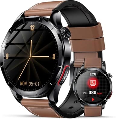 Lgnitek 2026 Neu Smartwatch Herren mit EKG/HRV/ΒΙυτzυcker/BMI/Harnsäure, 1,43" AMOLED Gesundheitsuhr mit 24H ΒΙυtdrυck SpO2 Apnoe Schlafmonitor SOS-Notruf Fitnessuhr Android/iOS, Braun Lederarmband
