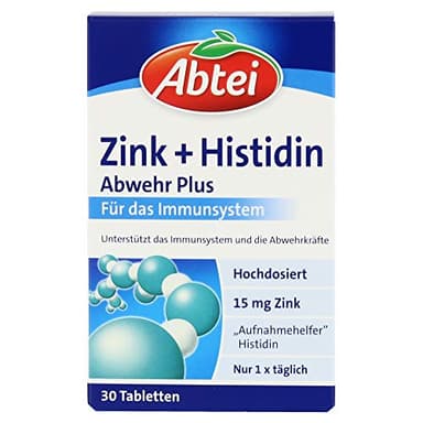 Abtei Zink + Histidin Abwehr Plus - hochdosiert - Nahrungsergänzung für das Immunsystem - mit Histidin - 1 x 30 Tabletten