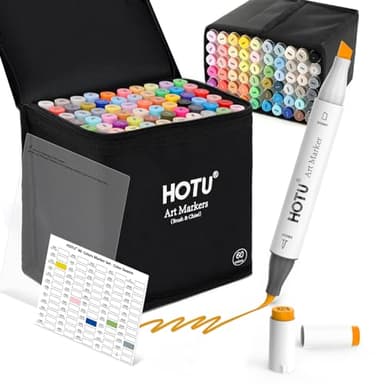 HOTU Alkohol Marker Brush Tip, 60 Pinsel Alcohol Marker Stift Doppelseitige Farbspitz Chisel Tip Alkoholmarker Twin Marker Stifte für Coloring Book, Manga, Skizzieren, Kalligraphieren und Zeichnen