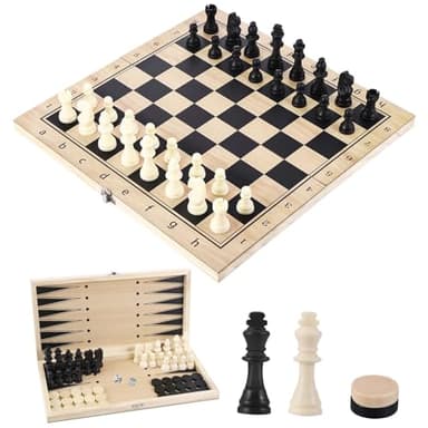 Schachspiel, 3 in 1 Schachbrett Holz Klappbare Hochwertig Schach Dame Backgammon, Tragbares Schachset für Kinder und Erwachsene Familie Party Reisen (29x29cm)
