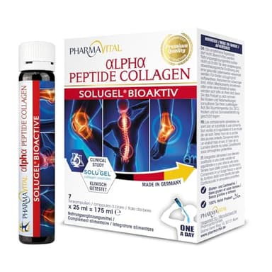 PharmaVital Alpha Peptide Collagen Trinkampullen - 7 Stück Wochenkur - 10.000mg Kollagenhydrolysat SOLUGEL(R), Vitamin C Selen Hagebutte, Premium, mit bioaktiven Peptiden für Knochen Gelenke Haut