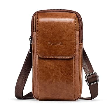 hengwin Multifunktionale Echtleder Doppel Reißverschluss Taschen Männer Vintage Look Umhängetasche Handy Gürtel Tasche Telefon Holster für Reisen, Outdoor Aktivitäten (Braun)