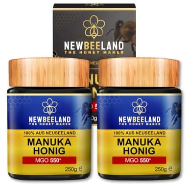 NEWBEELAND Manuka Honig MGO 550+ – 2X250g (500g) – lichtgeschütztes Glas, 100% purer Premium Manuka Honey aus Neuseeland, chargengeprüft mit zertifiziertem Methylglyoxal-Gehalt, ohne Zusatzstoffe