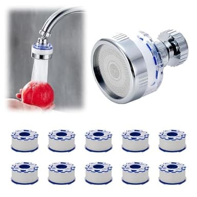 Wasserfilter Wasserhahn, Wasserhahn Filter Transparenter, 360° Wasserhahn Filter + 11 Stück PP-Baumwollfilterelement Universaladapter für Zuhause, Küche, Bad, Waschbecken