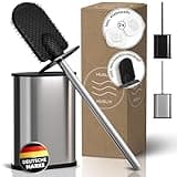 husliv Premium Silikon Klobürste Silber - Flacher Kopf aus Silikon und rostfreier Edelstahl am Stiel und Halter für eine hygienische Reinigung im eleganten Design.