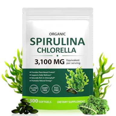 Spirulina & Chlorella Softgels - 300 Kapseln Spirulina Weichkapseln mit Chlorella, Gerstengras, Grünkohl & Alfalfa Pflanzliches Protein, Vitamine & Mineralien, Glutenfrei, Laktosefrei