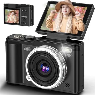 4K 64MP Digitalkamera mit 32 GB TF-Karte, 180° Drehbildschirm Autofokus Kamera Fotoapparat mit Makrofunktion und 16-fachem Digitalzoom Kompaktkamera mit USB-Kabel für Teenager Junge Mädchen 8-16 Jahre