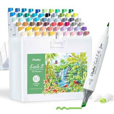 Ohuhu Marker, 60 Farben Doppelspitze Alkohol Marker(Minipinsel und Schlanke Breitmarker) + 1 Blender, Tinte Nachfüllbar für Künstler Erwachsene Färbung Zeichnung Landschaft Design - Kaala B Serie