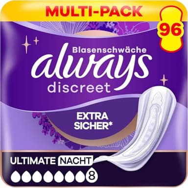 Always Discreet Inkontinenz-Einlagen Ultimate Nacht Monatspaket bei Blasenschwäche, 96 Einlagen (Sparpackung 8 Packungen x 12 Stück)