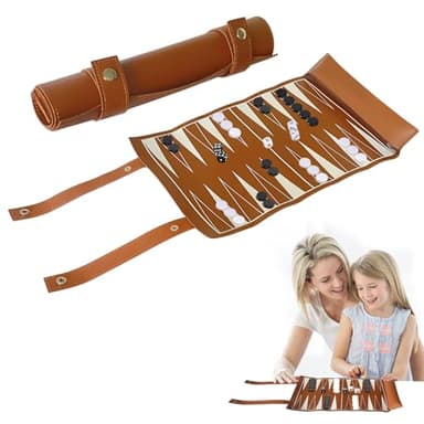 FICOFISE Backgammon Reiseset zum Aufrollen – Backgammon Reise Klassisch inkl. Zubehör, Tragbares Brettspiel für Familie und Reise, Spielfeldmaß:35,5x25,2 cm (Braun)