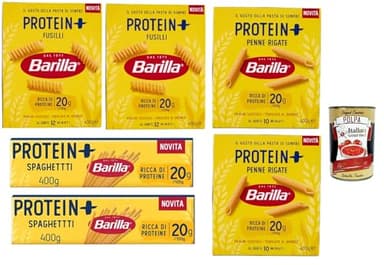 Barilla Protein+ Pasta Mix – 6×400 g (Fusilli, Penne Rigate, Spaghetti) mit 20 g Protein/100 g, pflanzlich, bronzegeschnitten, al dente Genuss + Italian Gourmet polpa