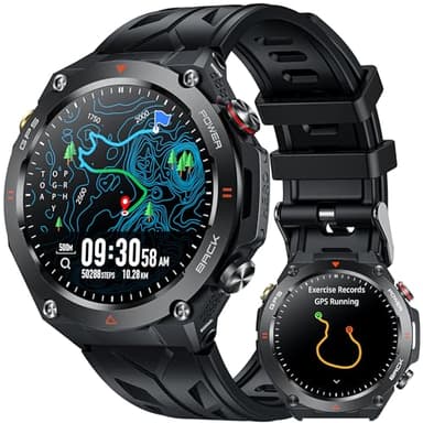 GPS Smartwatch Herren Fitnessuhr Armbanduhr: Schwarz Uhr Kompass Luftdruck Telefonfunktion Schlafmonitor Herzfrequenz Blutdruck Schrittzähler Sportuhr Wasserdicht 1,45" Touchscreen 650mAh Akkulaufzeit