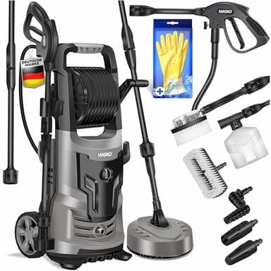 MASKO® Hochdruckreiniger 2200 Watt 165 bar 450 l/h, mit Spule Schlauchtrommel 10m Schlauch 9 TLG Zubehör Set, mit Handschuhen, Seifenflasche, Schaumdüse, Hochdruckpistole für Autos/Zäune/Garten/Patios